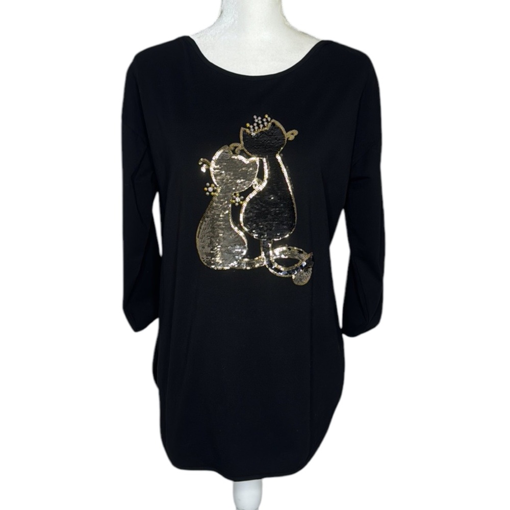 Ravel Black Reversible Sequins Sweetheart Kitty Cat Peephole Sleeve Unique S/P-M
